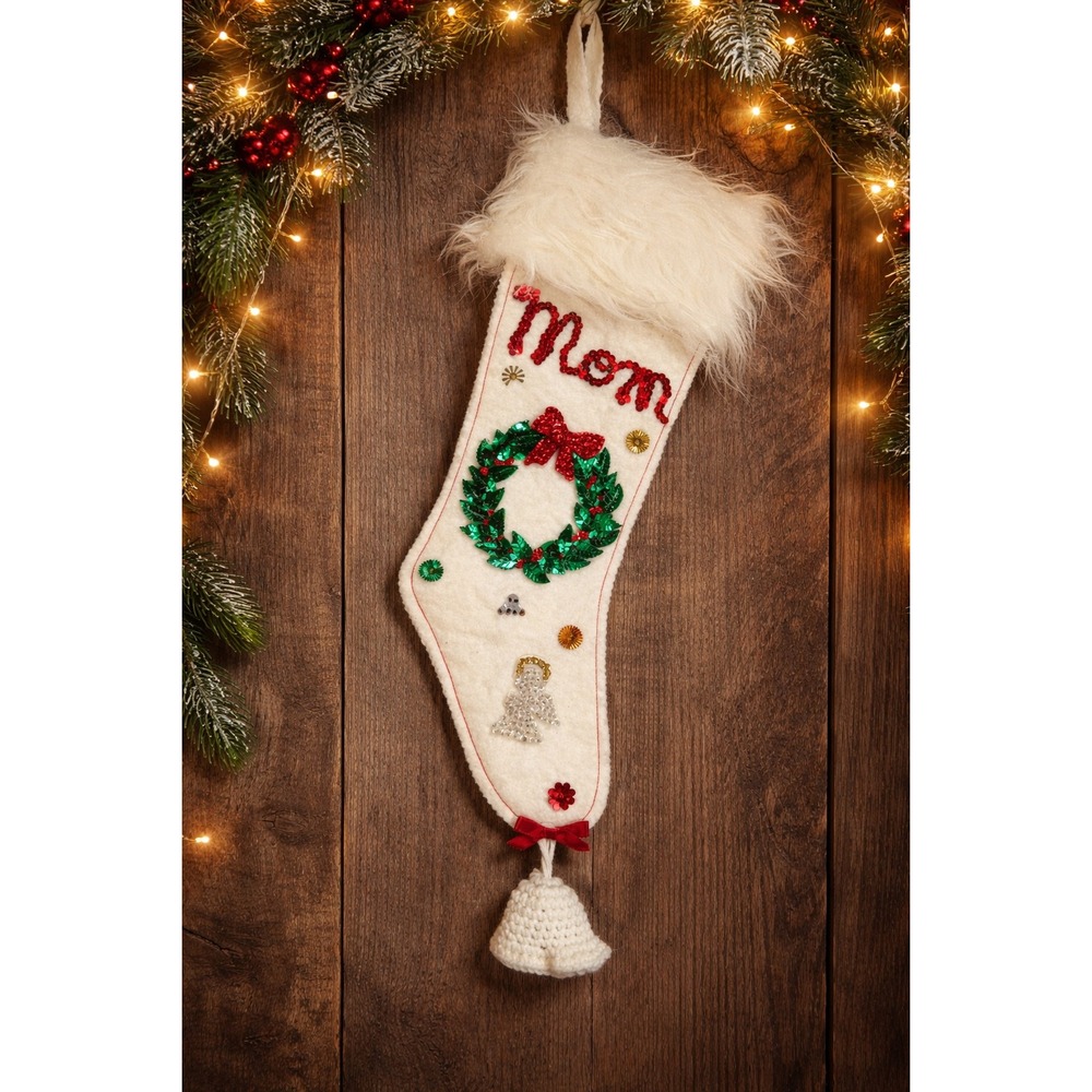 Handmade Mom Christmas Stocking White Felt Sequin Wreath Angel Faux Fur Vintage